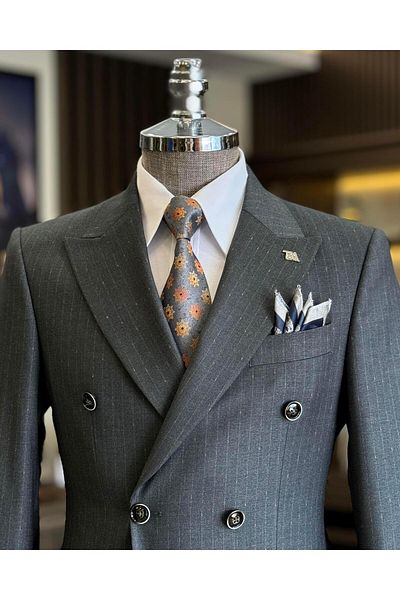 TerziAdemAltun Gray Italian Style Slim Fit Striped Double Breasted Jacket and Pants Set - T12788