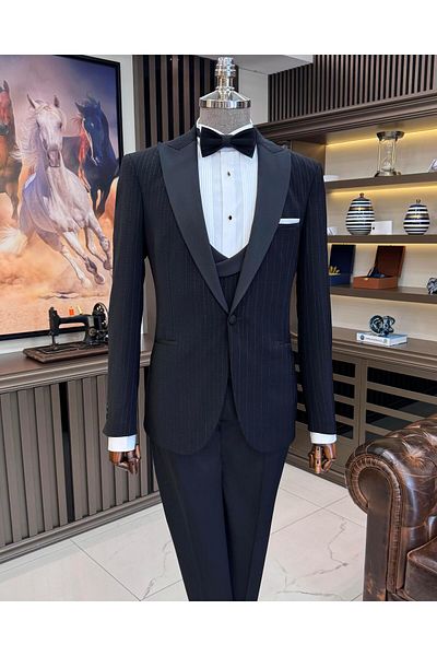 TerziAdemAltun Black Slim Fit Italian Style Jacket and Vest Set - Groom Suit T11632