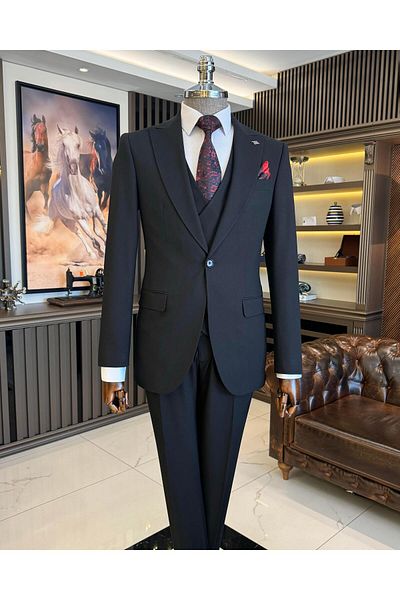 TerziAdemAltun Black Slim Fit Italian Style Men's Suit - Dobby Jacket, Vest, Pants T11566
