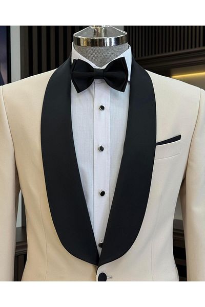 TerziAdemAltun Beige Colored Italian Cut Slim Fit Shawl Collar Jacket and Pants Set - T11900