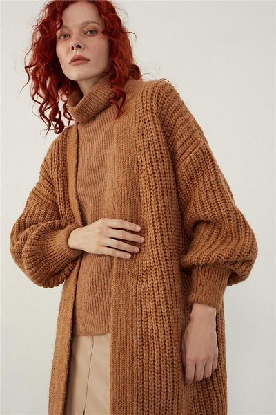 SHERIN Καφέ Oversize Μακρύ Πλεκτό Ζακέτα με ανοιχτή μπροστινή πλευρά