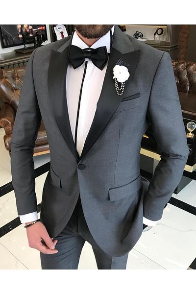 TerziAdemAltun Italian Cut Slim Fit Pointed Collar Jacket Trousers Groom Suit Set Anthracite T9190