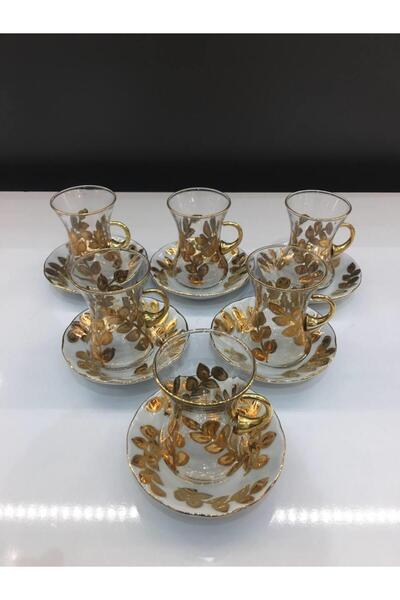 Saray Ottoman handicraft Porselen El Boyama Çay Seti 6'lı Yaprak Model Altın