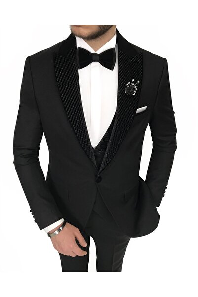 TerziAdemAltun Ιταλικό κομμένο γιλέκο παντελόνι σετ γαμπρού Μαύρο T8194