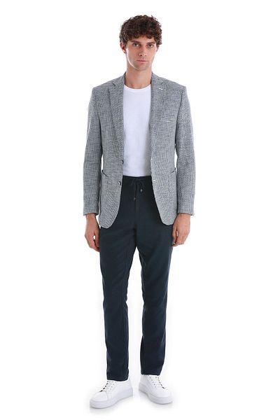 Hatemoğlu Navy Blue Comfort Fit Patterned Mono Collar Classic Jacket