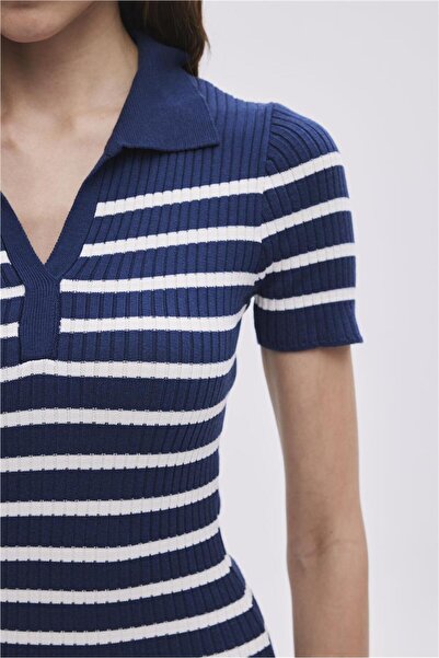 SHERIN Navy Blue Polo Collar Striped Knitwear Dress