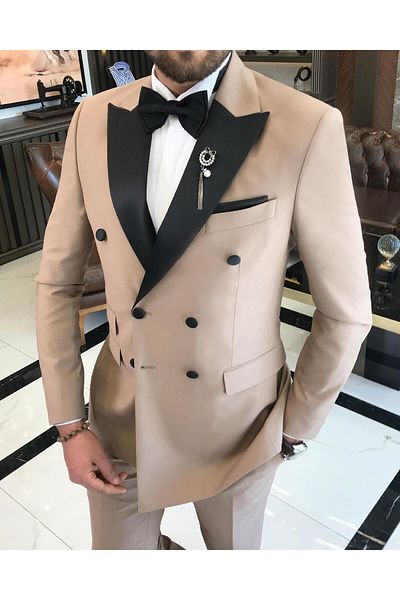TerziAdemAltun Italian cut slim fit double breasted jacket pants groom suit set camel T9219