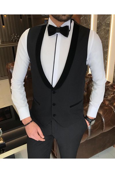 TerziAdemAltun Black Italian Cut Groom Suit Jacket and Vest Set - T7844