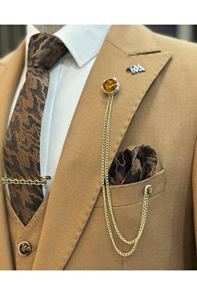 TerziAdemAltun Camel Italian Style Slim Fit Jacket Vest and Pants Set - T11485