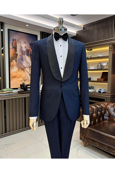 TerziAdemAltun Navy Blue Slim Fit Shawl Collar Jacket and Trousers Set - Groom Suit T11899