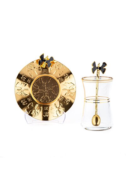 Saray Ottoman handicraft Çay Seti Çay Bardağı Takımı 6 Kişilik Kelebek Siyah