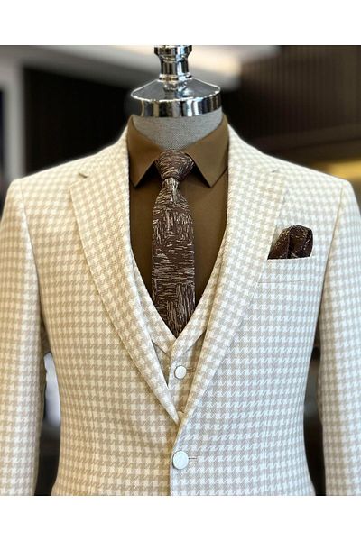 TerziAdemAltun Beige ITalian STyle Slim FiT HoundsTooTh PaTTerned JackeT vesT and Trousers SeT - T12789