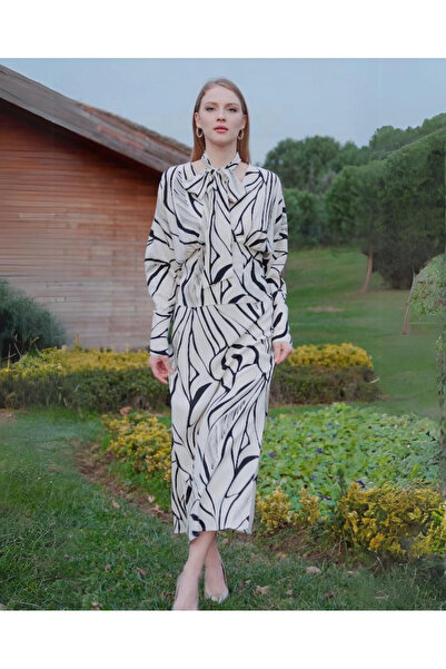 SERPİL Desenli Uzun Siyah - Beyaz Etek 39668