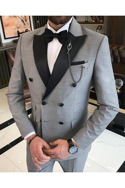 TerziAdemAltun Italian Cut Slim Fit Double Breasted Jacket Trousers Groom Suit Set Gray T9216