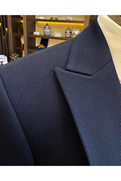 TerziAdemAltun Navy Blue Slim Fit Italian Style Jacket Vest Trousers Set - T11541