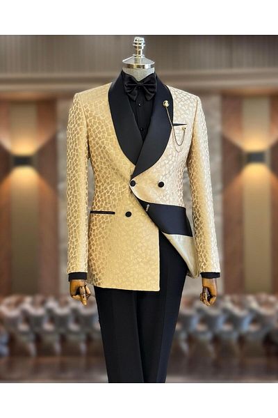 TerziAdemAltun Beige Italian Style Slim Fit Double Breasted Jacket and Pants Set - Groom Suit T11797