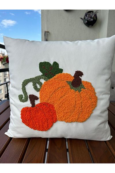 punchatolyem Autumn Pumpkin Decorative Punch Panch Throw Pillow Cover 100% Hand Embroidered Handmade (43X43) Ecru