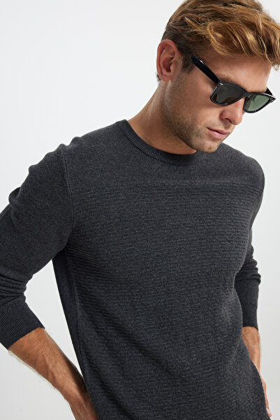 ALTINYILDIZ CLASSICS Erkek Antrasit-Melanj Pamuklu Standart Fit Normal Kesim Bisiklet Yaka Desenli Triko Kazak