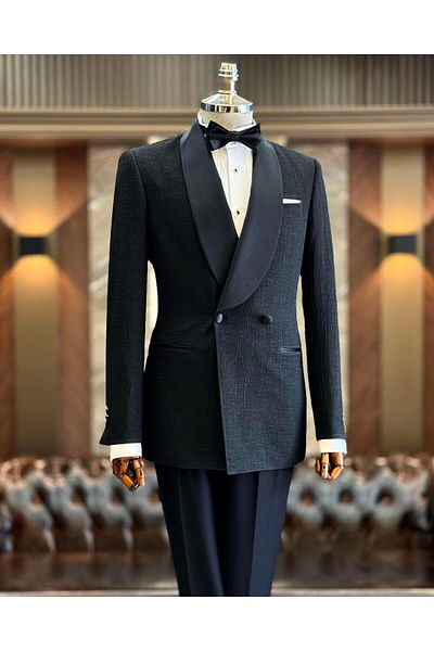 TerziAdemAltun Black Slim Fit Shawl Collar Double Breasted Jacket and Trousers Set - Groom Suit T12029