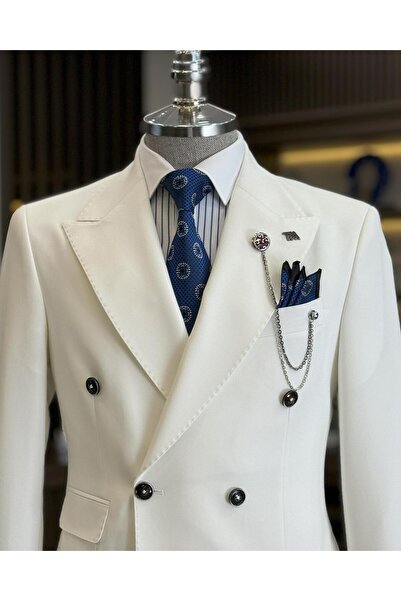 TerziAdemAltun White Slim Fit Italian Style Double Breasted Jacket and Pants Set - T12606