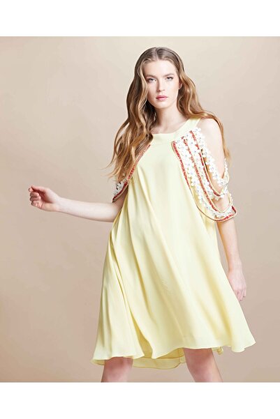 SERPİL Omuz Detaylı Boncuk Işlemeli Sarı Tunik 28560