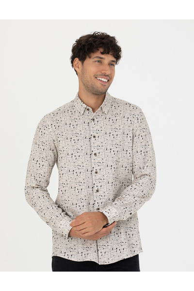 Pierre Cardin قميص بيج بقصة ضيقة وأكمام طويلة 50276009 -VR011