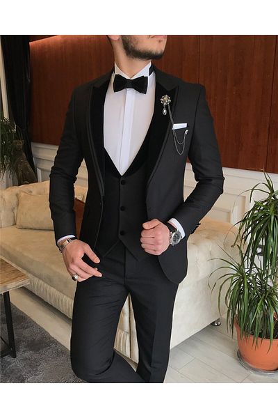 TerziAdemAltun Italian Cut Jacket Vest Pants Groom Suit Set Black T7164