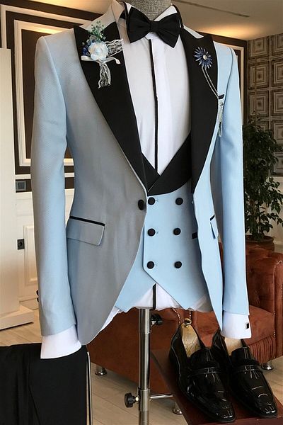 TerziAdemAltun Italian Cut Jacket Vest Trousers Blue Dobby Groom Suit T3461
