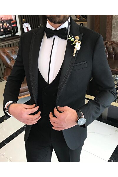 TerziAdemAltun Ιταλικό κομμένο γιλέκο παντελόνι σετ γαμπρού Μαύρο T8121