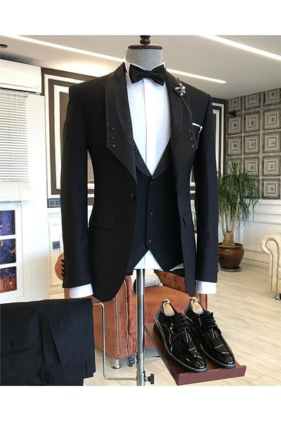 TerziAdemAltun Italian Cut Jacket Vest Pants Groom Suit Set Black T4913