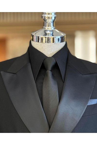 TerziAdemAltun Italian Cut Slim Fit Double Breasted Jacket Trousers Groom Suit Set Black T9213