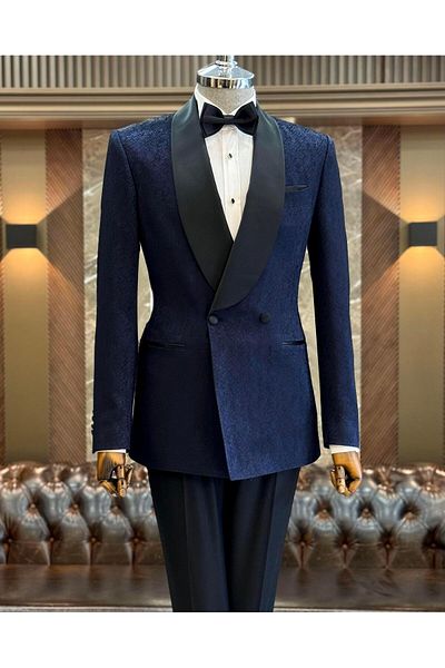 TerziAdemAltun Navy Blue Slim Fit Shawl Collar Double Breasted Jacket and Trousers Set - T12032
