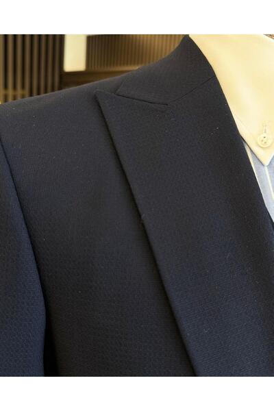 TerziAdemAltun İtalyan stil slim fit erkek armürlü ceket yelek pantolon takım elbise lacivert T11567