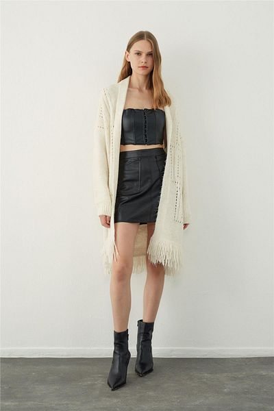 SHERIN Ecru Open-Front Knitted Cardigan with Openwork