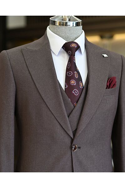TerziAdemAltun Italian Style Brown Dress Set - Jacket, Vest and Pleated Pants T11316