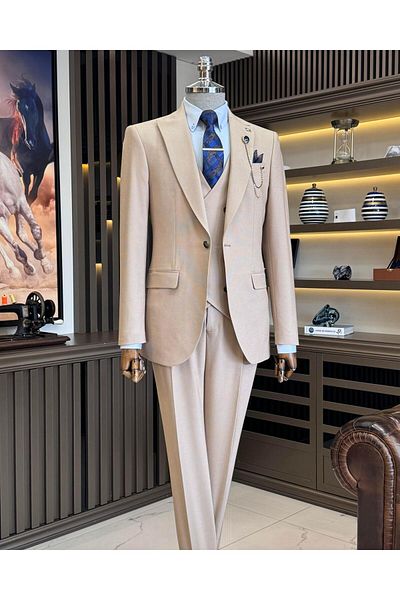 TerziAdemAltun Camel Color Slim Fit Men's Jacket and Vest Trousers Set - T11553
