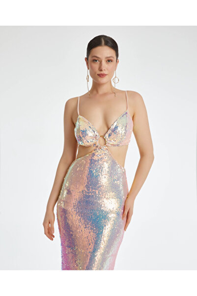 SERPİL İnce Askılı Zincir Detaylı Pencereli Payetli Balık Form Pembe Elbise 37185