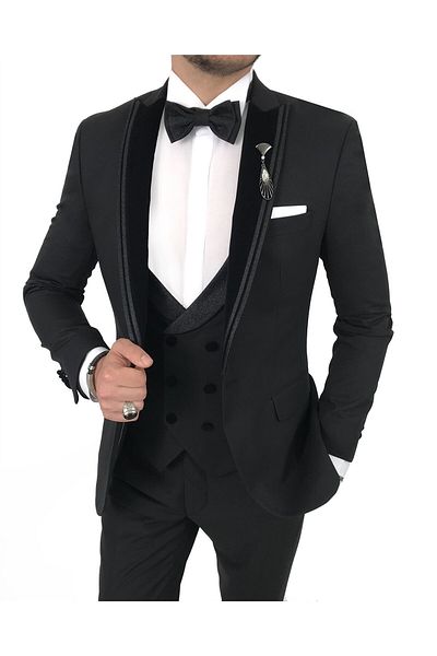 TerziAdemAltun Italian Cut Jacket Vest Pants Groom Suit Set Black T7948