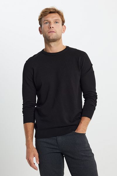 ALTINYILDIZ CLASSICS Pulover pentru bărbați, bumbac negru, cu croială standard, cu decolteu rotund, jacquard