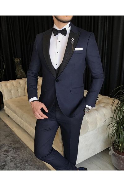TerziAdemAltun Italian Cut Jacket Vest Trousers Groom Suit Set Navy Blue T7468