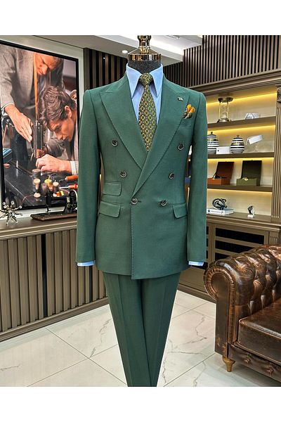 TerziAdemAltun Italian style double-breasted jacket pants men's suit green T11087