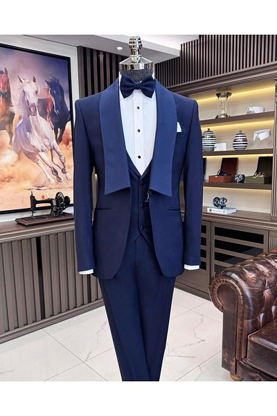 TerziAdemAltun Italian style slim fit shawl collar jacket vest pants groom suit set navy blue T11618