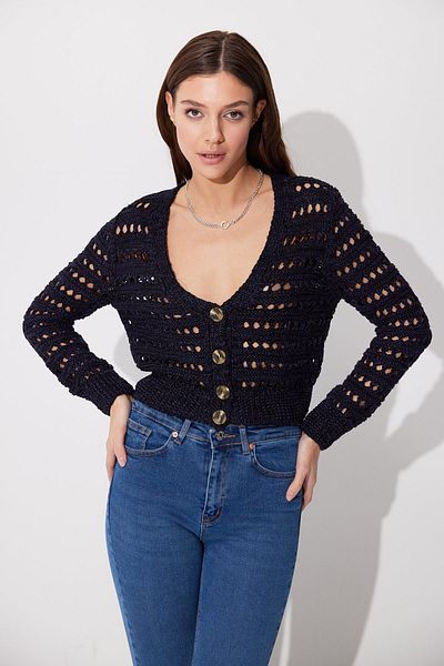 SHERIN Navy Blue V-Neck Openwork Cardigan