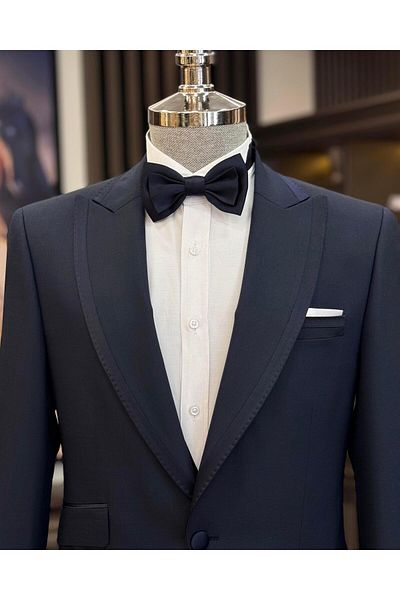 TerziAdemAltun Navy Blue Slim Fit Italian Style Jacket Vest Pants Set - T11608