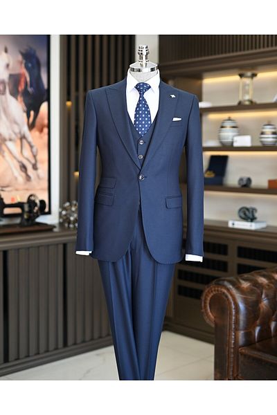 TerziAdemAltun Navy Blue Slim Fit Italian Style Jacket Vest Trousers Set - T11477
