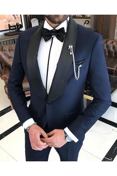 TerziAdemAltun Italian Cut Slim Fit Shawl Collar Jacket Pants Groom Suit Set Navy Blue T9183