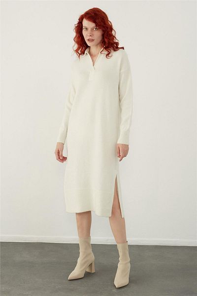 SHERIN Ecru Polo Neck Basic Midi Knitwear Dress