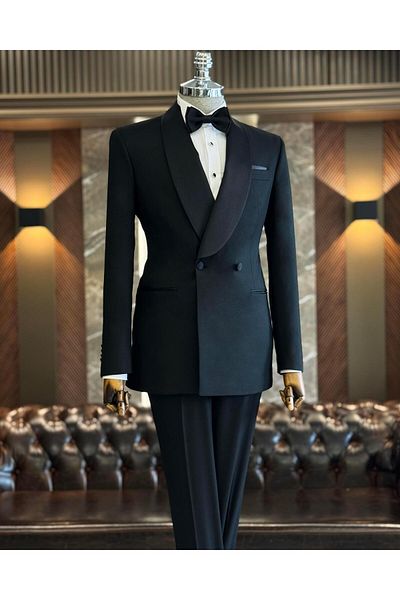 TerziAdemAltun Black Slim Fit Shawl Collar Double Breasted Jacket and Trousers Set - Groom Suit T11948