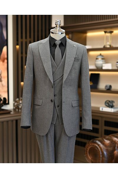 TerziAdemAltun Gray Italian Style Jacket and Vest Pleated Pants Set - T11326