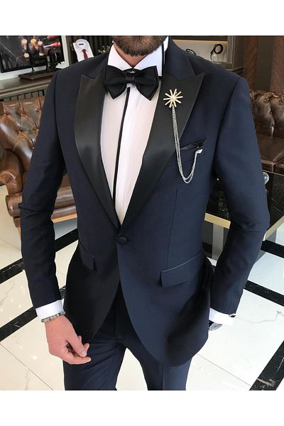 TerziAdemAltun Italian Cut Slim Fit Pointed Collar Jacket Trousers Groom Suit Set Navy Blue T9192